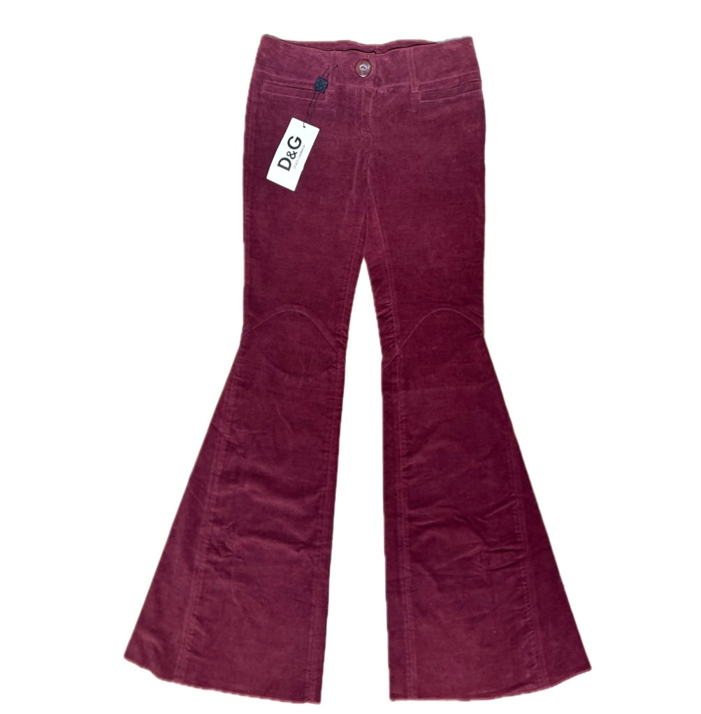 Dolce & Gabbana bell bottom burgundy velvet trousers, 90s NOS, sz 40 & 44 available