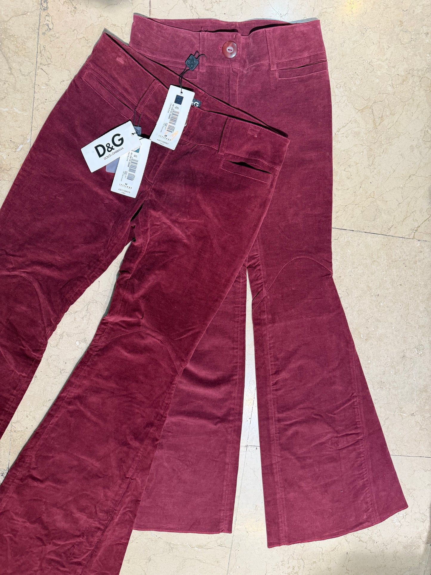 Dolce & Gabbana bell bottom burgundy velvet trousers, 90s NOS, sz 40 & 44 available