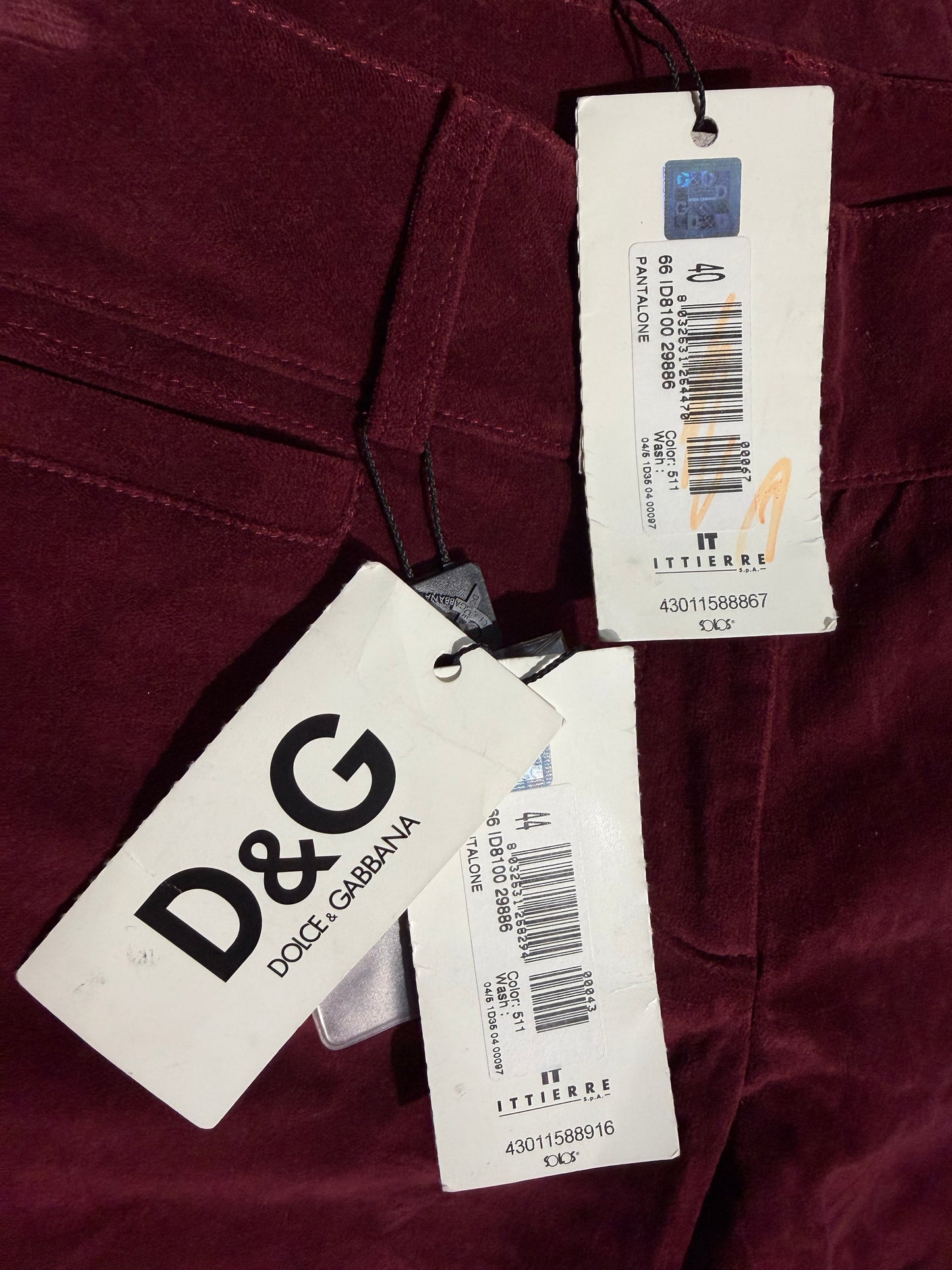 Dolce & Gabbana bell bottom burgundy velvet trousers, 90s NOS, sz 40 & 44 available