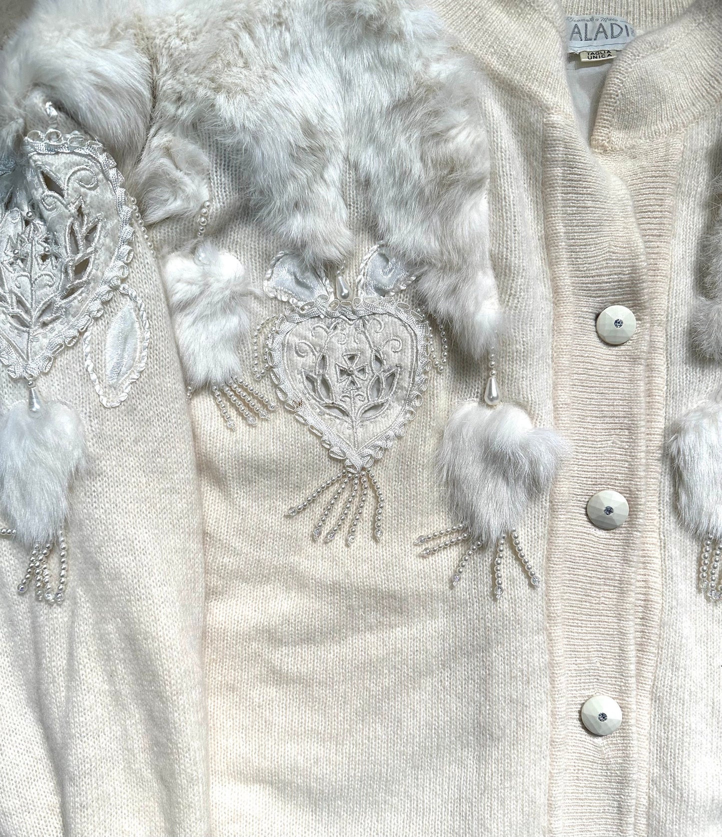 Hand Embroidered softest wool & angora w/ lapin fur inserts, total white Cardigan by Raladi Rome, mint