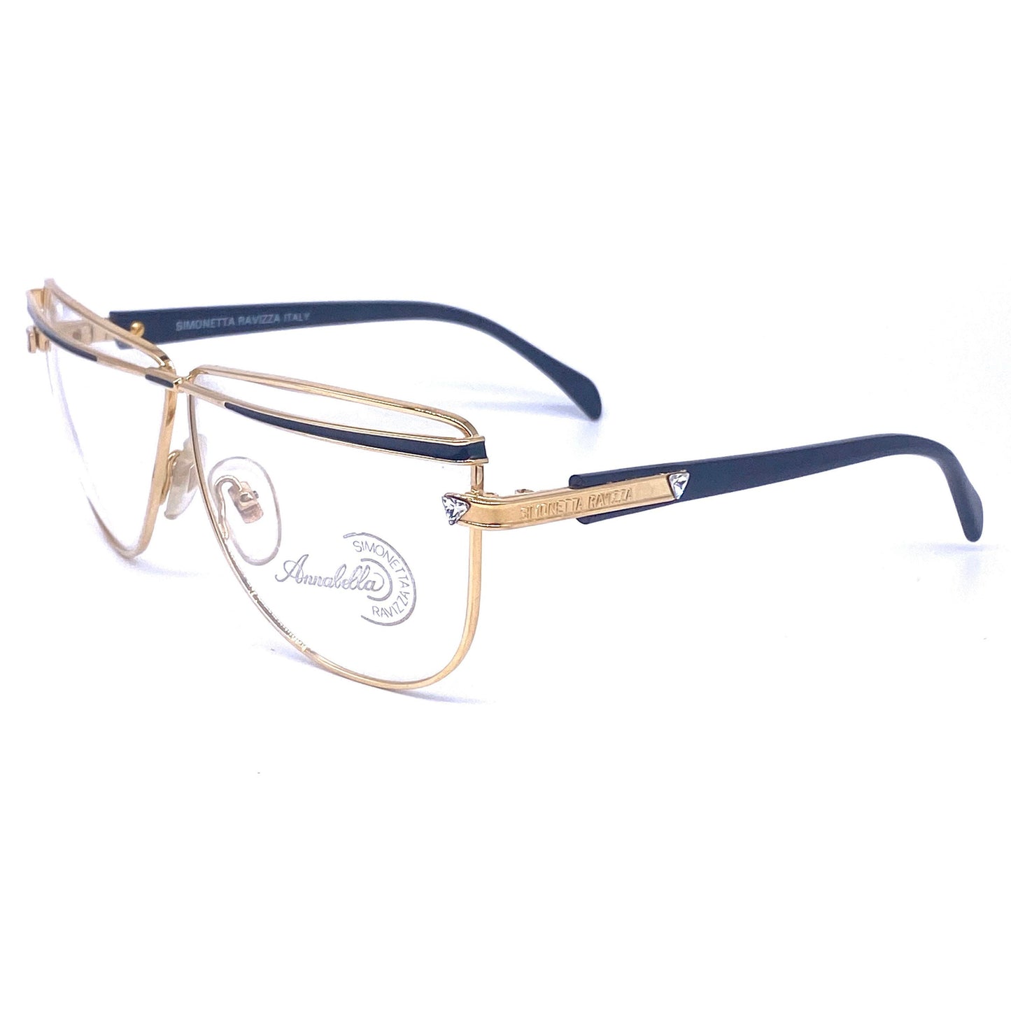 Luxury Annabella eyeglasses with golden oversize frame with rhinestones and enamels, 80s