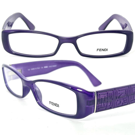 Fendi F809 sleek purple rectangle acetate frames, temples w carved monogram allover, NOS 90s mint