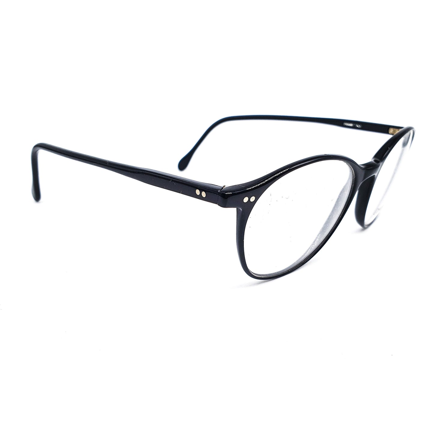 Calvin Klein CK620 round black glossy cellulose acetate eyeglasses frames with classic rivets details NOS 90s Italy