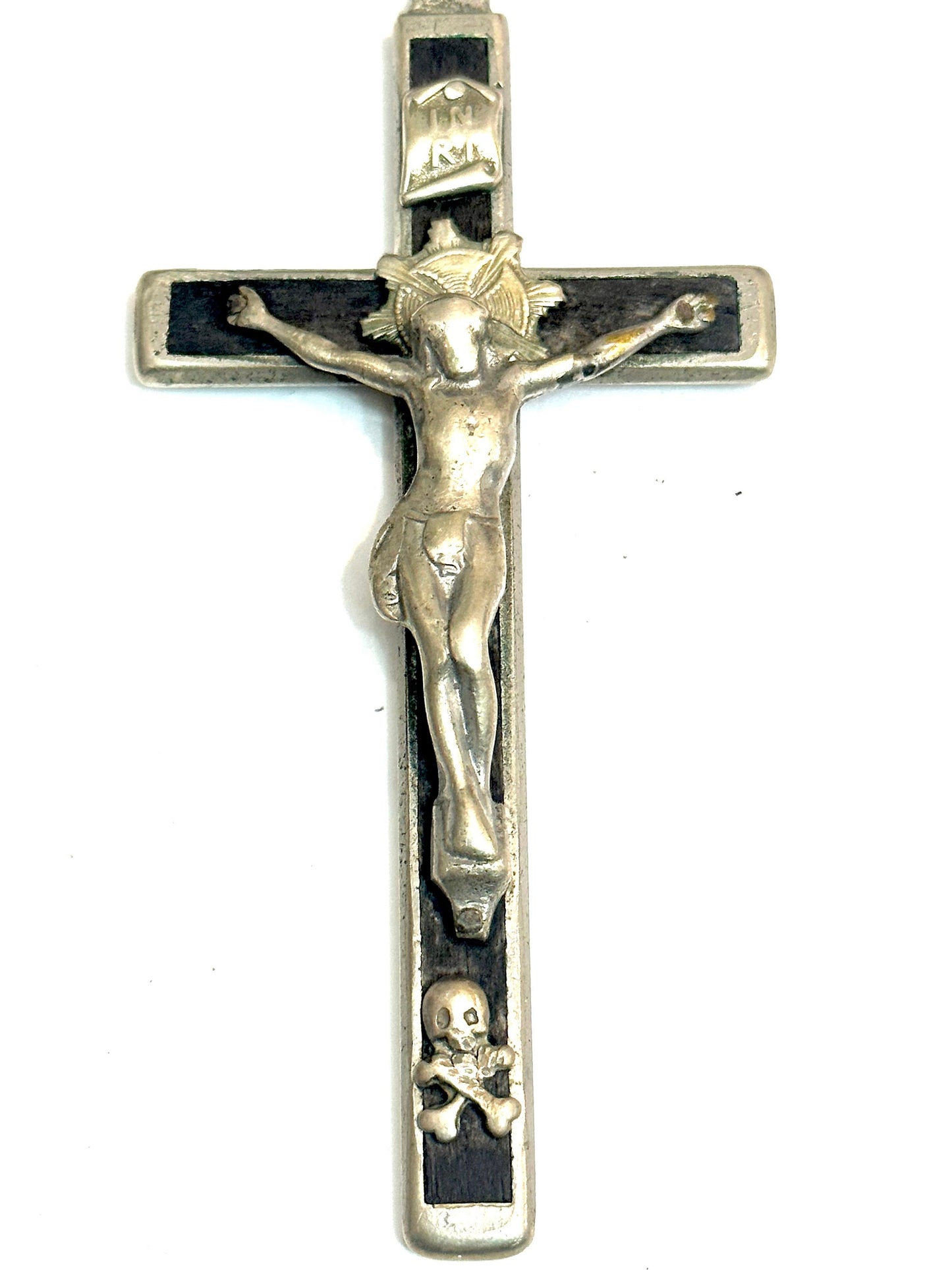 Antique artisanal crucifix in ebony and brass w skull & heart 1890ca