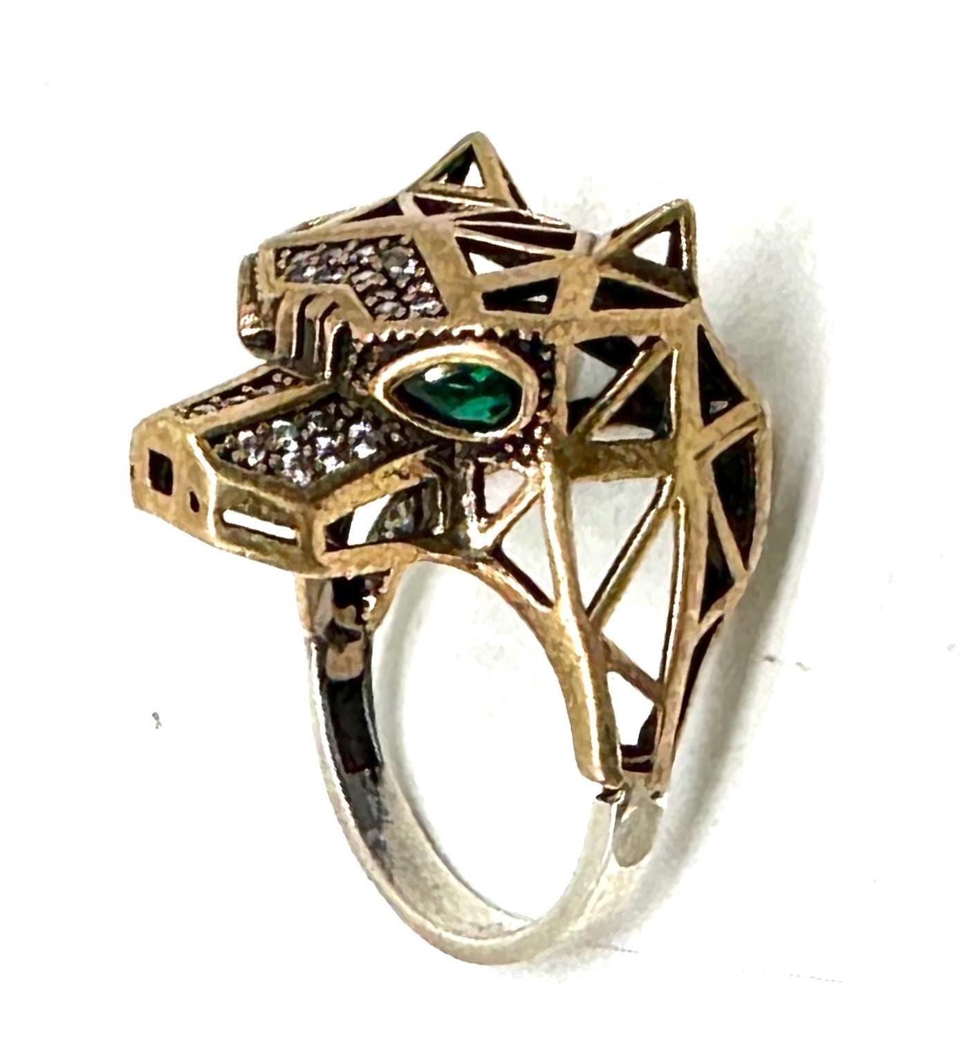 Anubi low-poly 925 silver-brass ring embellished w crystals, Beautiful and mint
