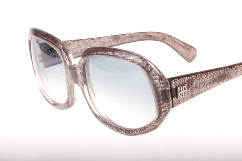Jean Patou 60s oversized sunglasses with real fabric inlaid in the clear acetate, NOS mint