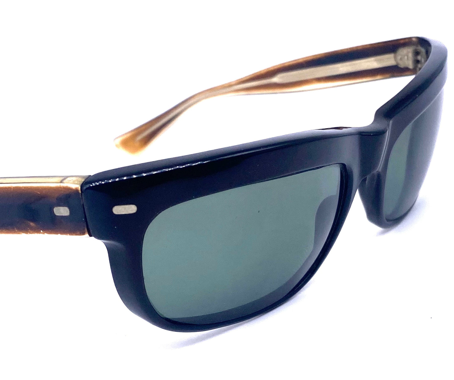Prixol “Terminator” style sunglasses, sporty black wrap shades with brown temples, 1960s NOS Italy