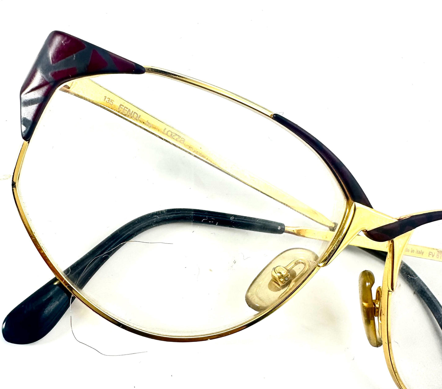 Fendi FV61 Gold-Burgundy asymmetric cateye eyeglasses frames hand made in Italy by Lozza, NOS 80s