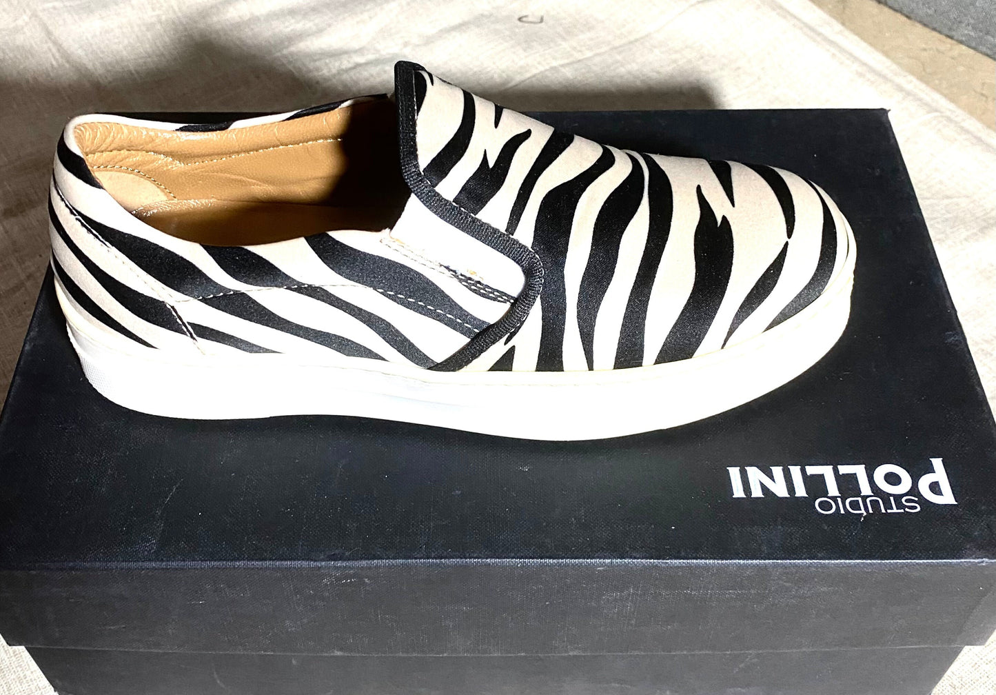 Pollini Studio satin zebra animalier slip on sneakers leather sole, brand new