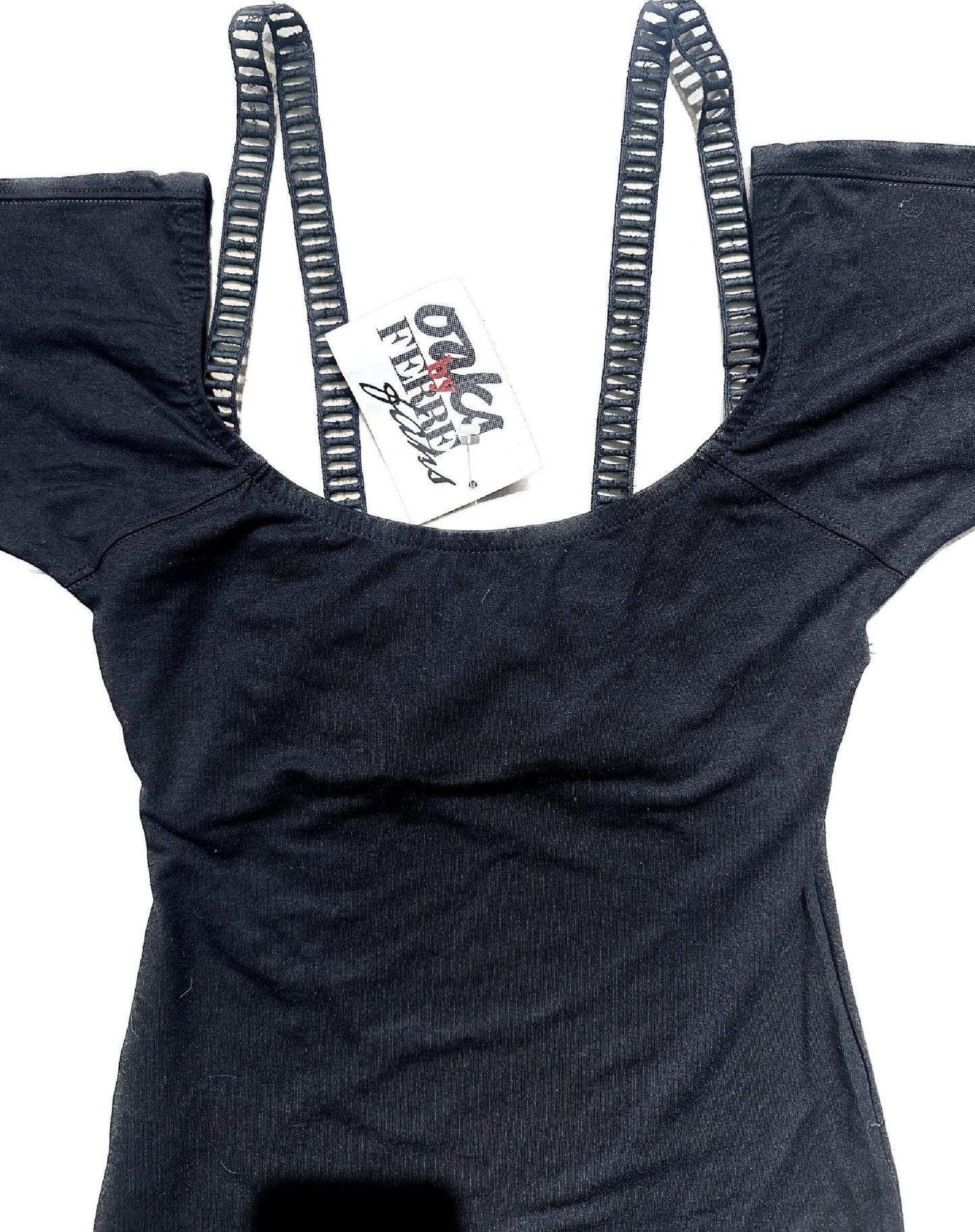 Oaks Ferrè black cotton halter top with embroidered macrame shoulder straps, NOS 80s Italy