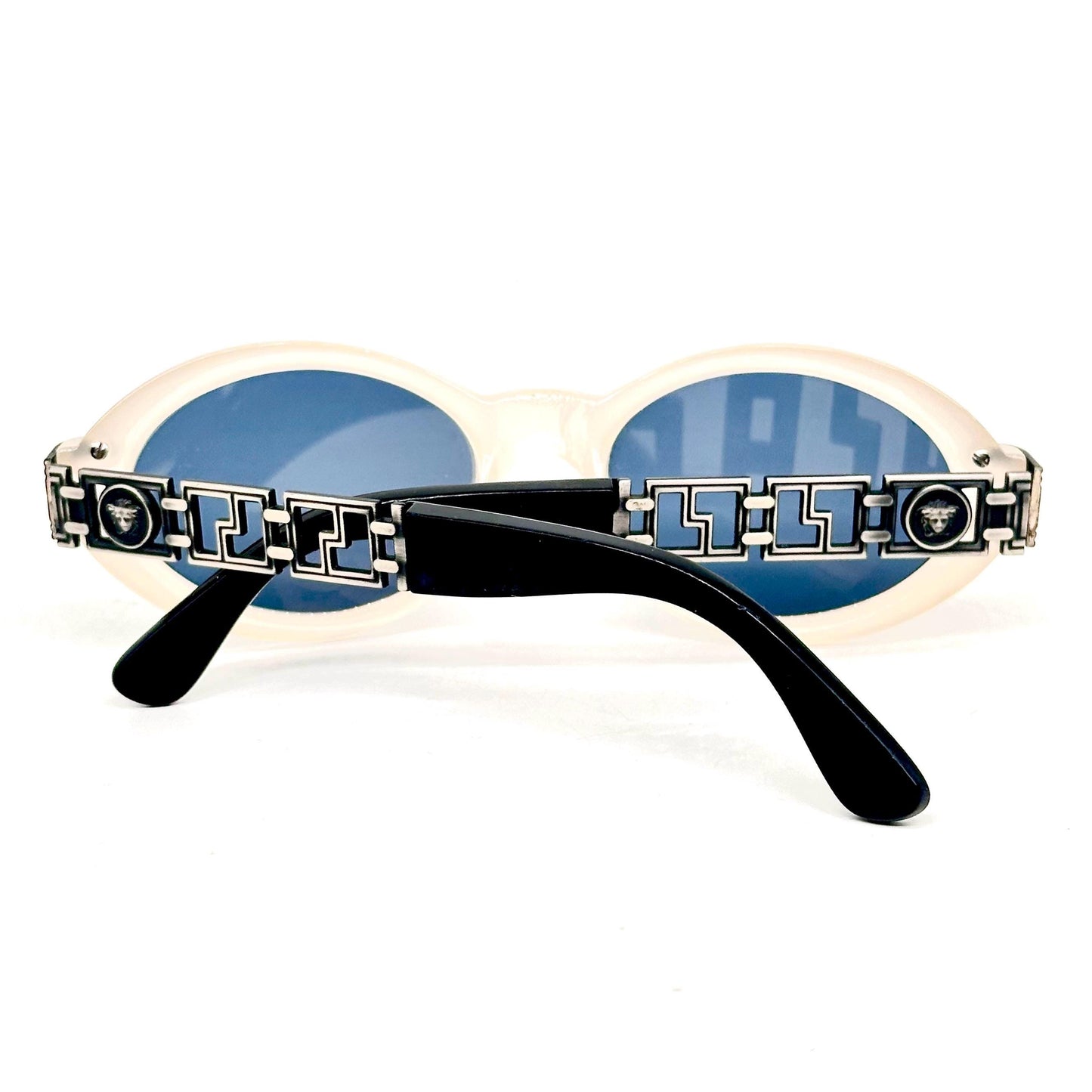 Gianni Versace 486 vintage matt white oval sunglasses made in Italy with Medusa logo detail in greek key on the silver temples NoS 90s
