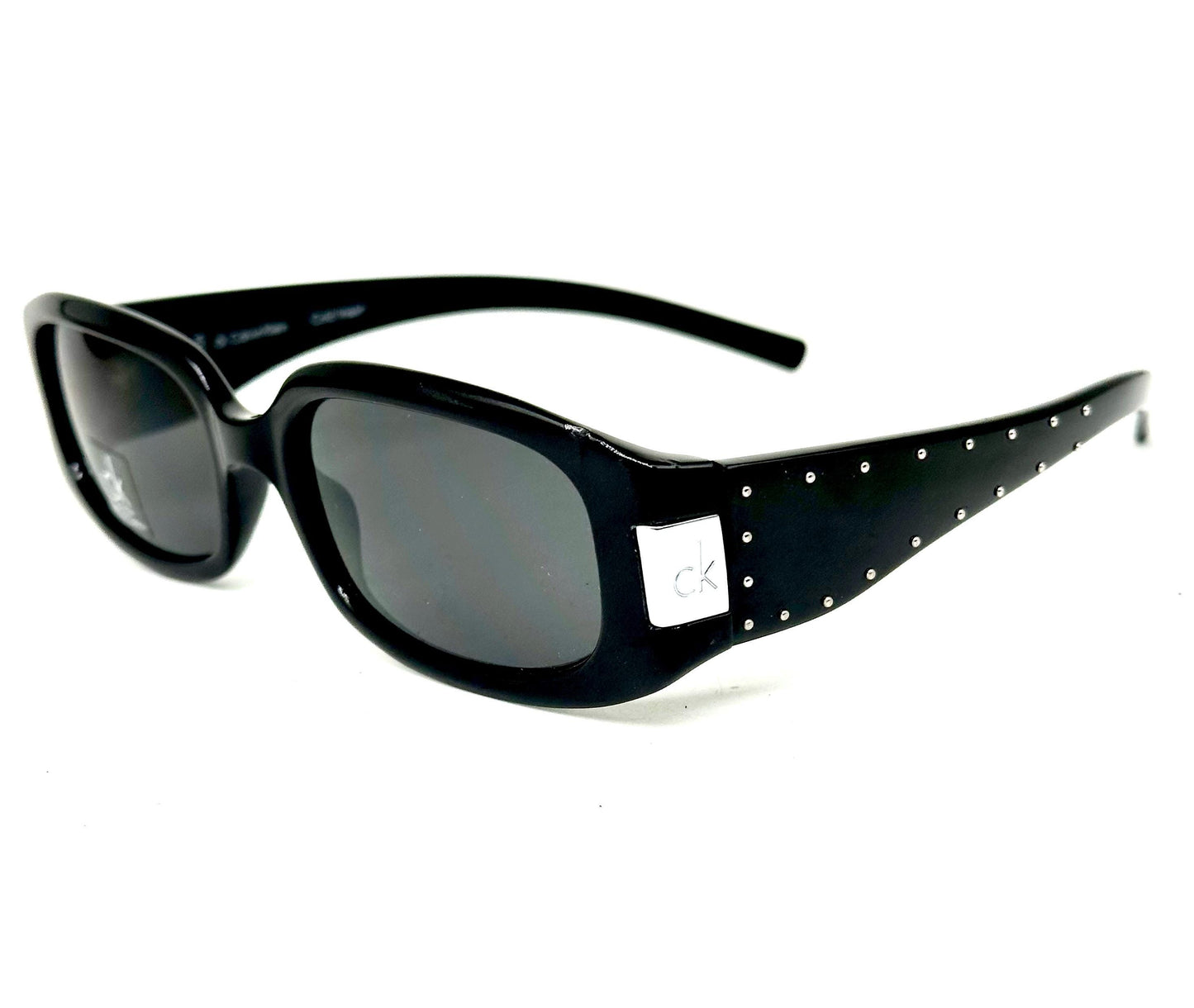 Calvin Klein 3045 sunglasses,  black gloss wrap frames w silver metal studs & branded hinge, NOS