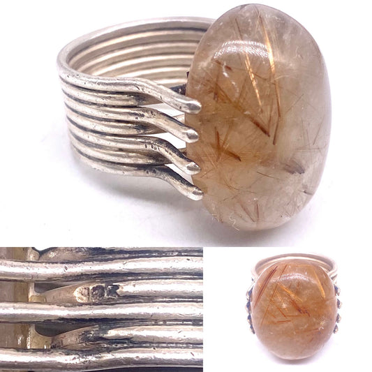 1960s Artisanal 925 Silver cable ring with big oval sunstone (Rutilated Quartz) in great condition