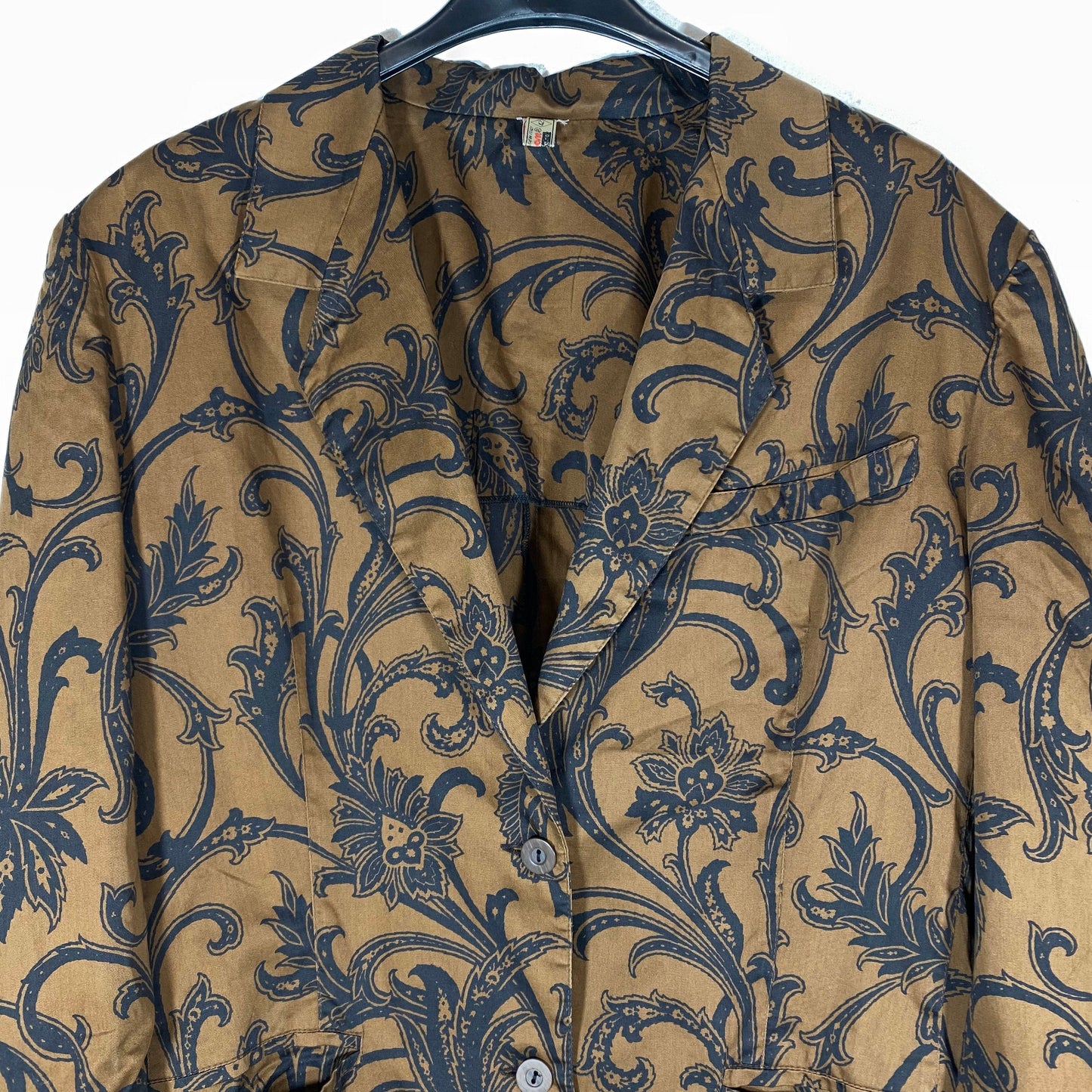 Swan brown light cotton blazer with black baroque print allover, NOS 70s
