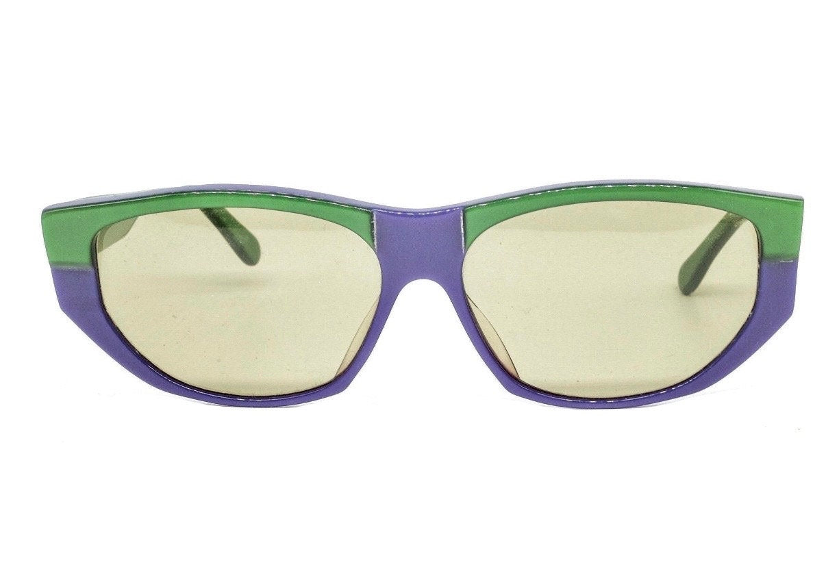 Fiorucci Metalflex unusual green purple acetate sunglasses with light green lenses, 1960s NOs