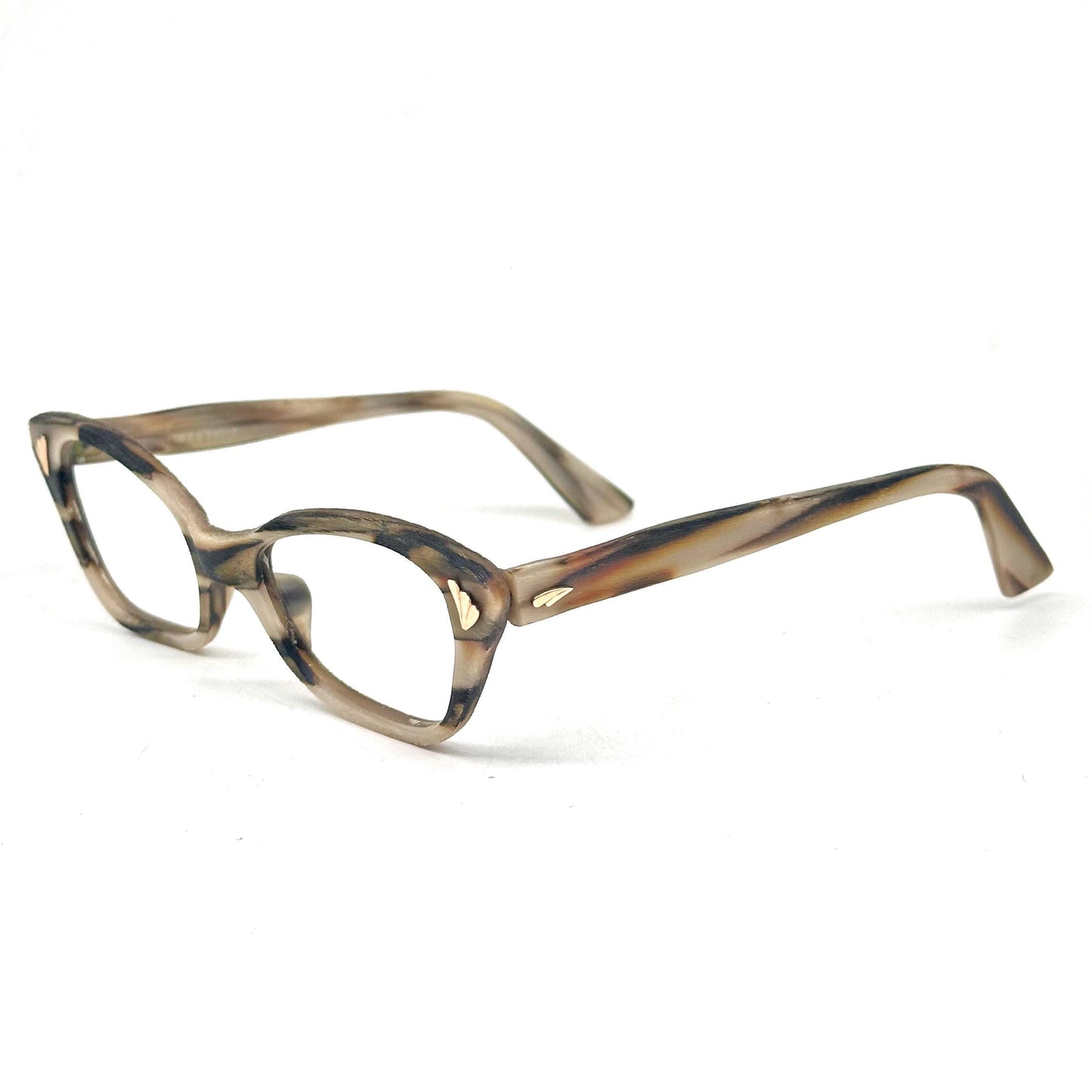 Baruffaldi 1950s PinUp Cateye glasses light wooden sand and brown effect acetate with golden leaves detail, NOS