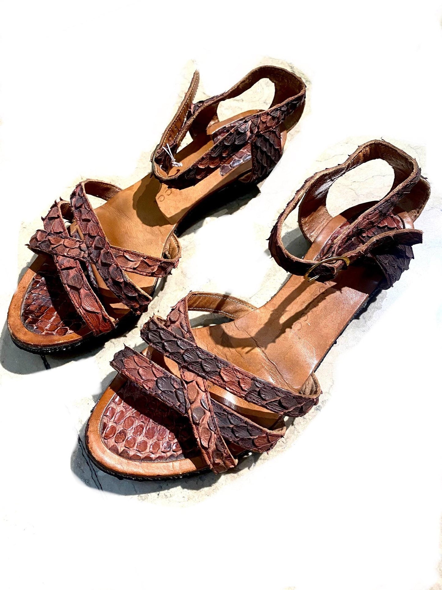 Fiorucci rare real snake sandals w recycled tyres sole, 1970s NOS unworn sz 36