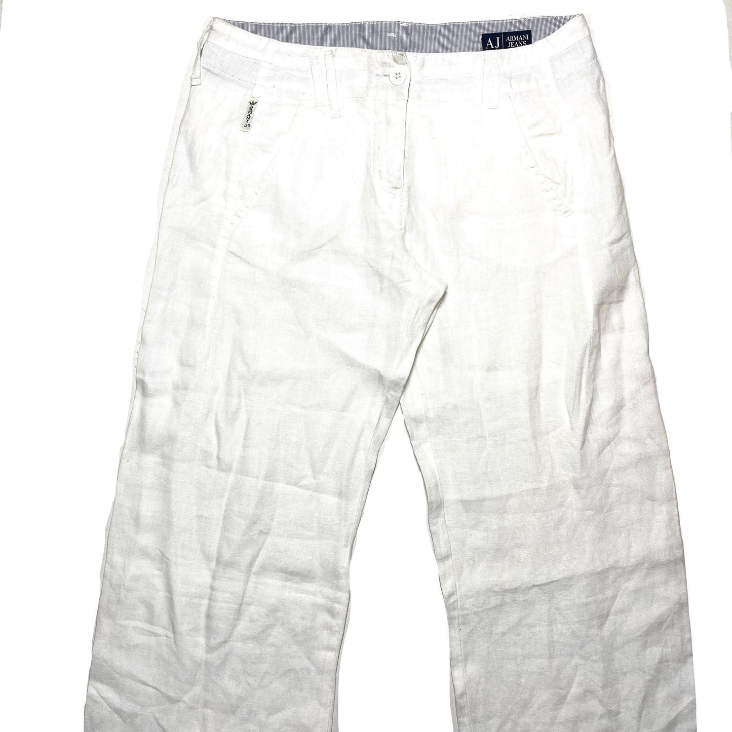 Armani Jeans white linen ladies trousers, flared/ wide leg, sz 26 Italy 90s mint