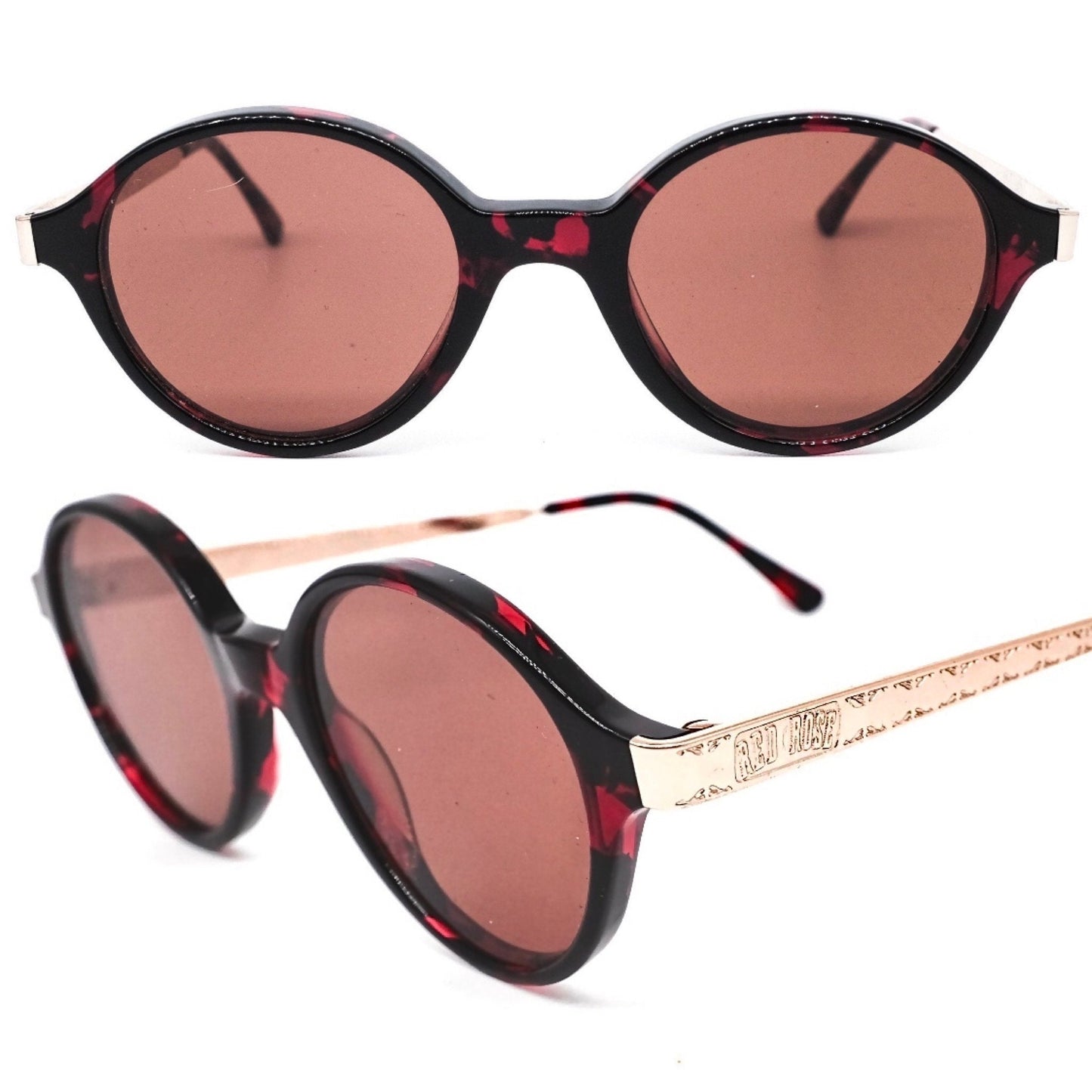 Red Rose RR51 round tortoise sunglasses with flat lenses & golden metal carved temples, NoS 80s