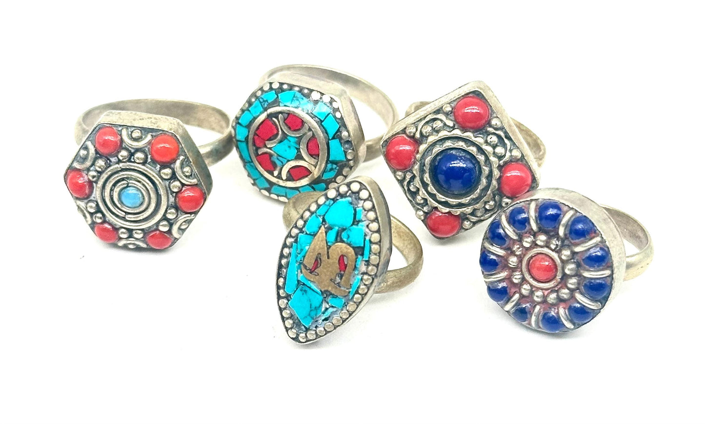 Tibetan ethnic rings w blue/red/turquoise beads/stones, adjustable