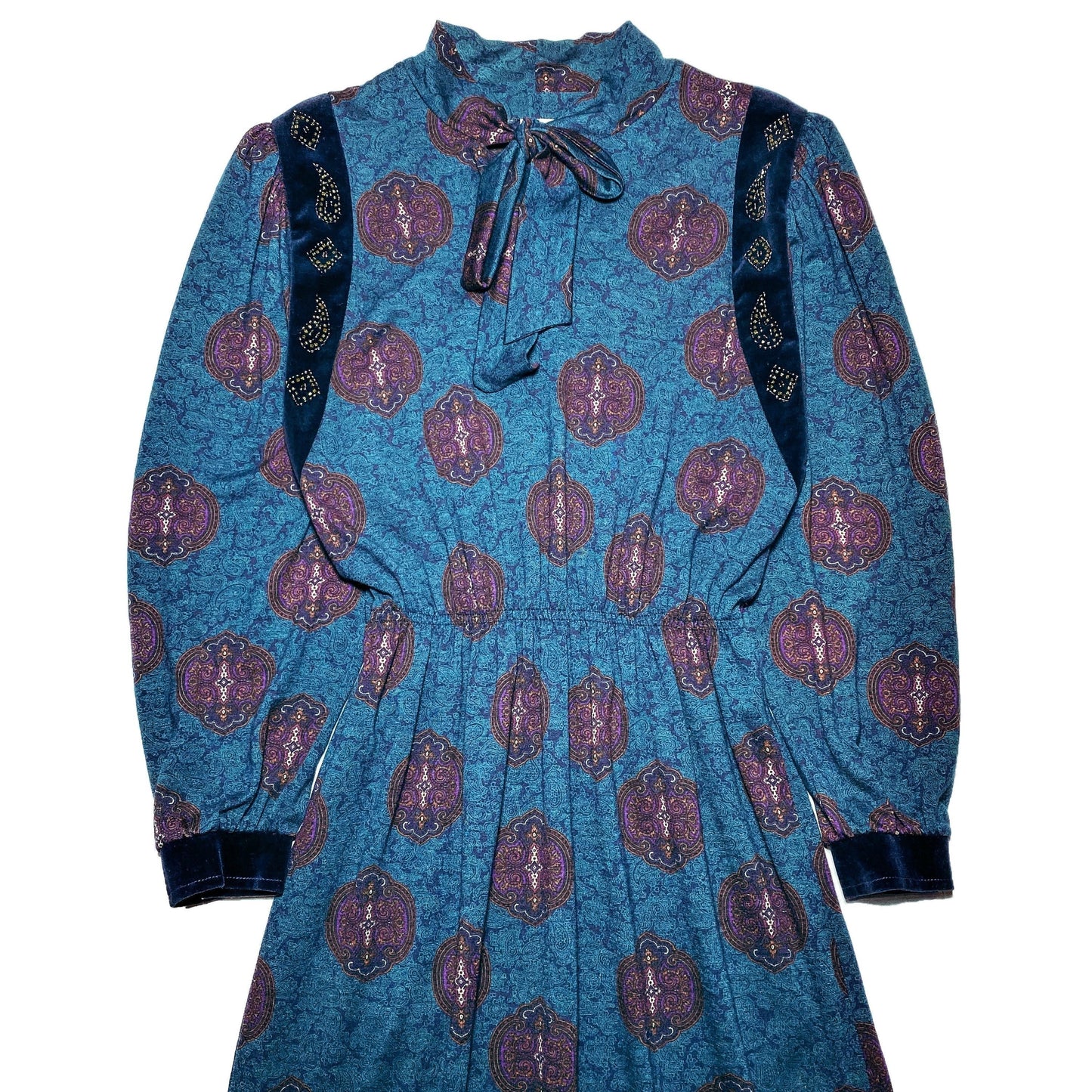 Romy Paris 70s boho dress, baroque/tapestry allover with black velvet and glass beads embroidery, mint