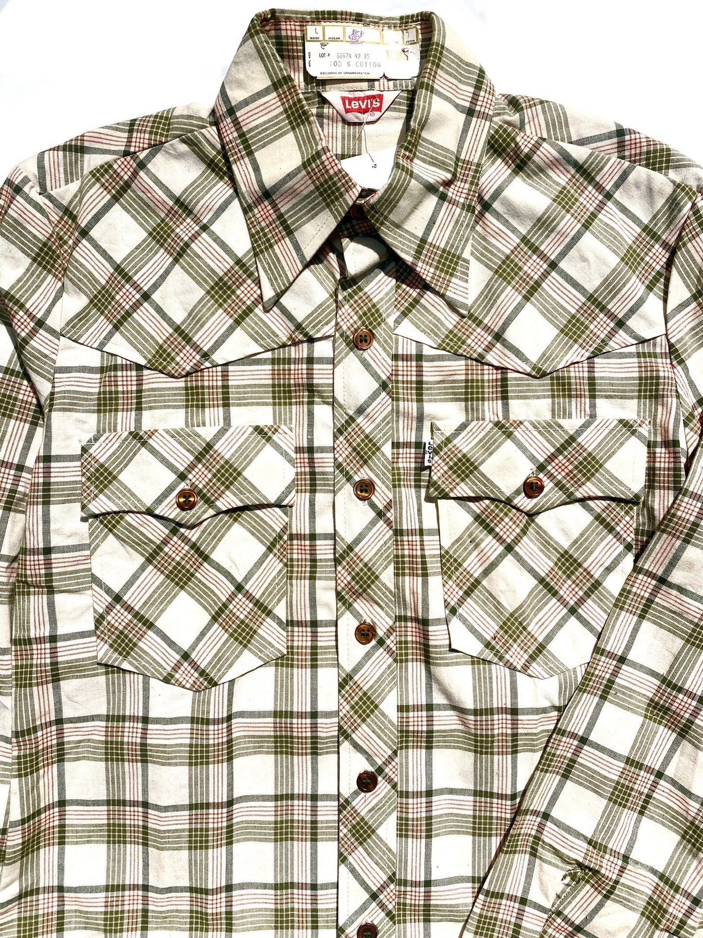 Levi’s western shirt checkered beige green pointed collar white tab sz L , BNWT mint