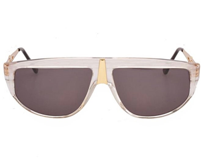 Borbonese luxury wrap sunglasses in white-clear cello with golden metal details and temples, NOS 80s Italy