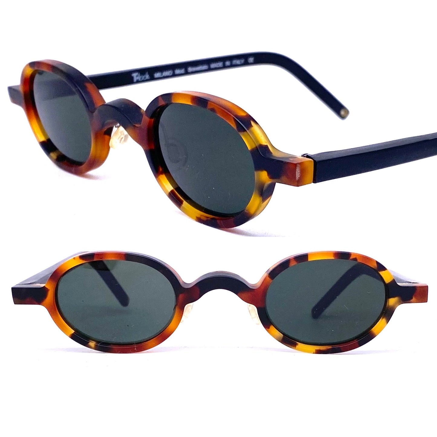 T-Look Milano Tattoo coolest small oval retro-Victorian style tortoise sunglasses w patent pierced temples, NoS 90s Italy