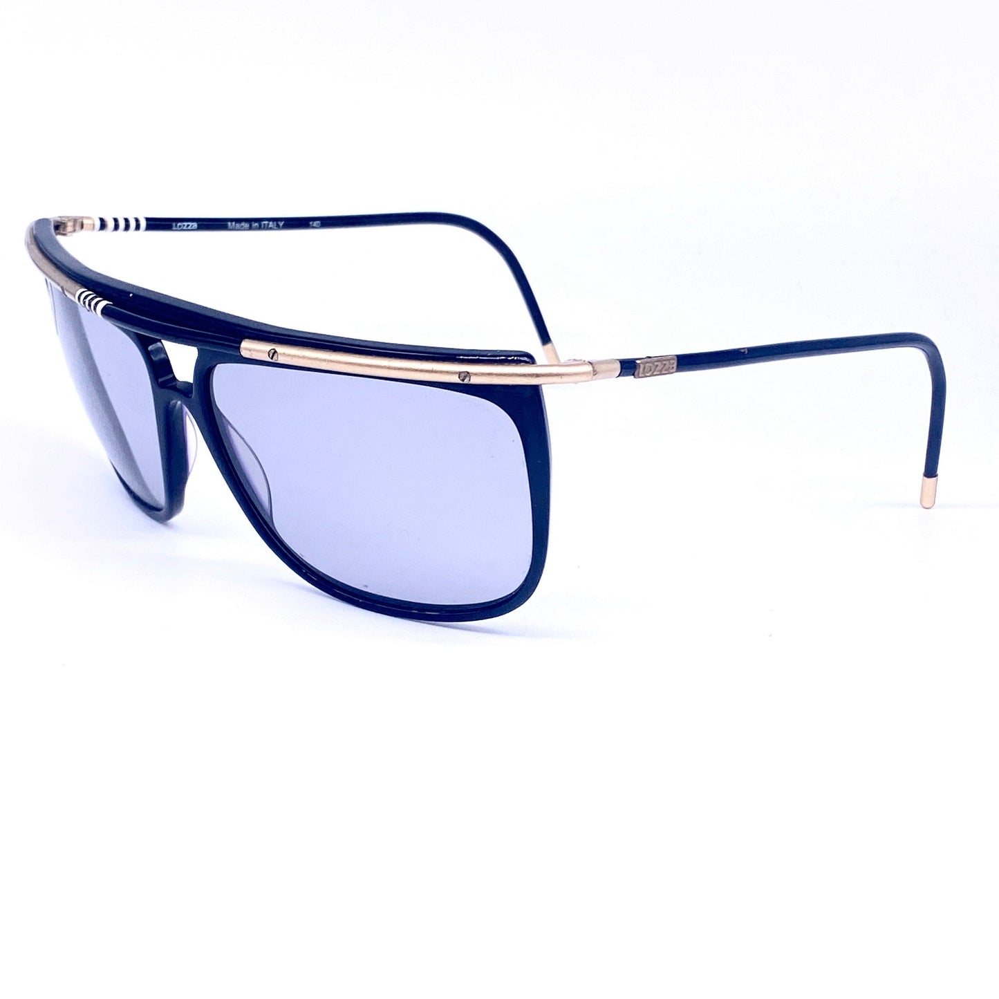Lozza Futura 80s shield sunglasses in black with golden metal browline and black/white beads detail, NOS mint condition