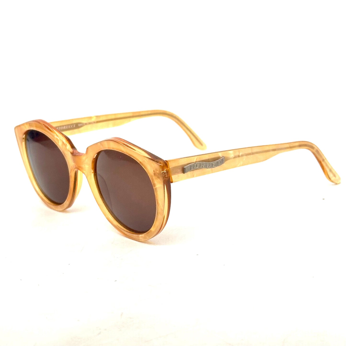 Fiorucci 406 occhiali da sole vintage rotondi fantasia ghepardati e madre perla giallo, Made in Italy anni '80 NOS