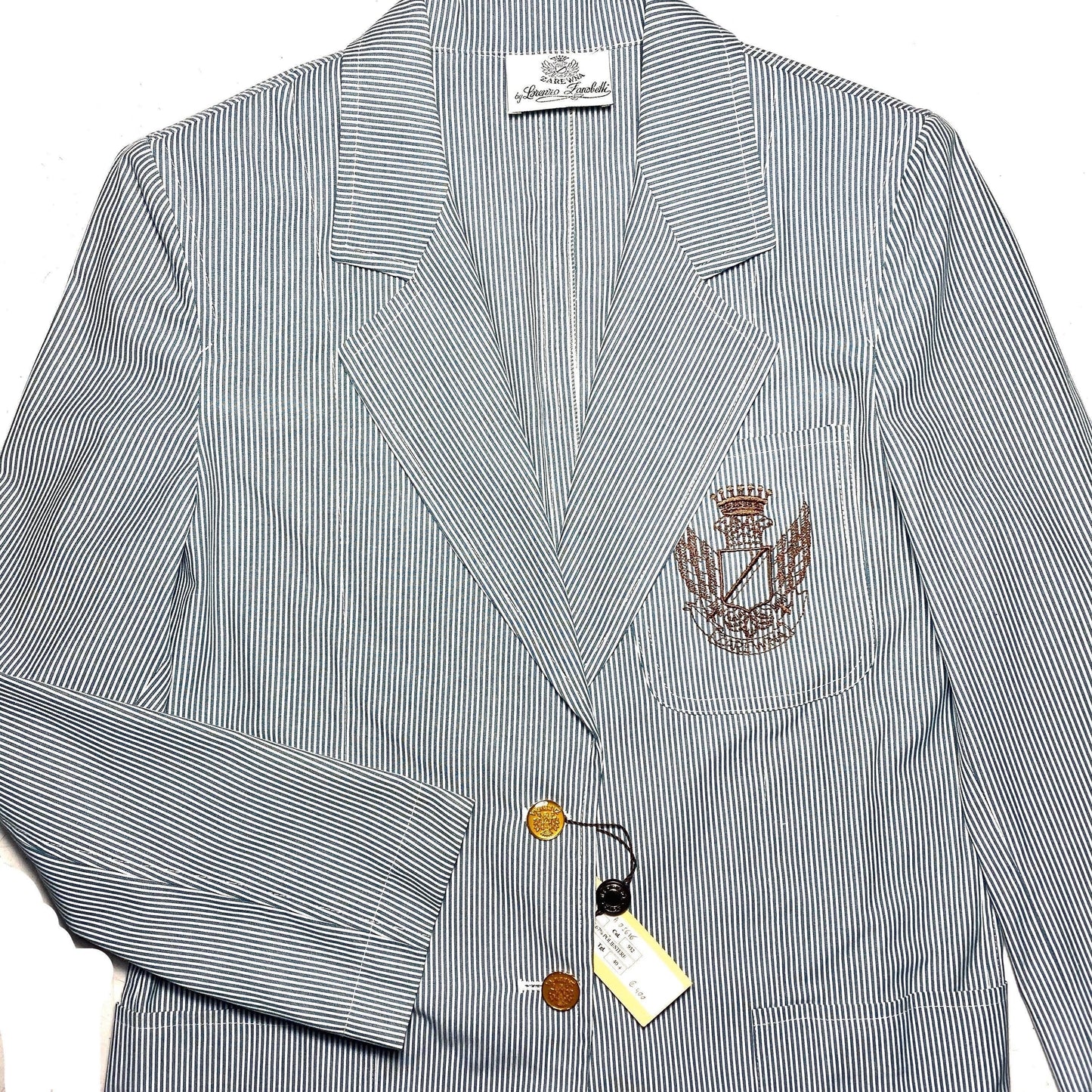 Lorenzo Zanabetti cotton striped yachting/college style embroidered royalty emblem blazer, Italy 80s NOS.