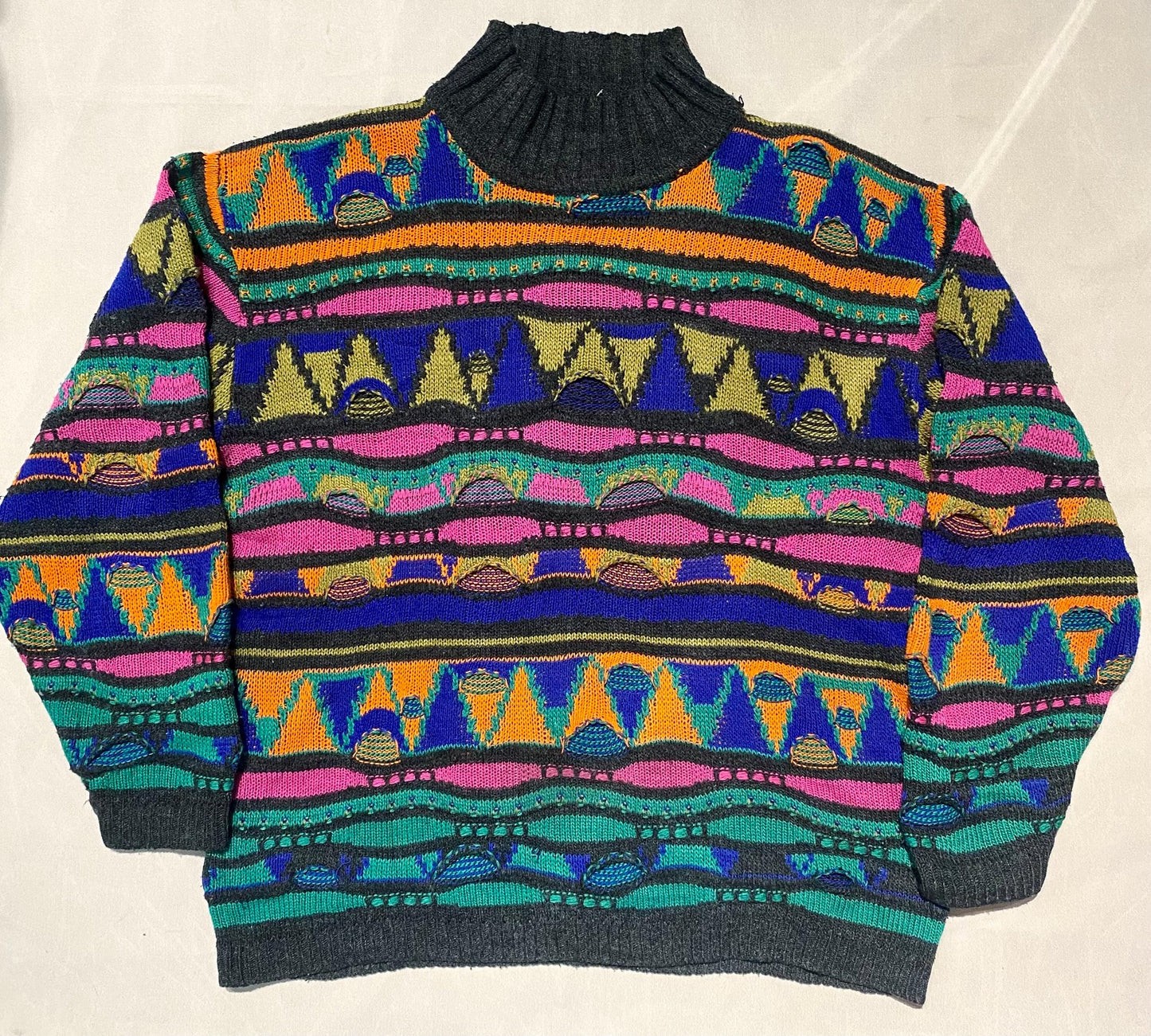 Hip-Hop bright Neon 3D knit turtleneck jumper, pure Coogi-colucci style, Sz M