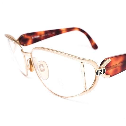Fendi FV174 golden metallic cello drop shaped eyeglasses frames in with cut off hinges and wide acetate temples, hand made in Italy 80s