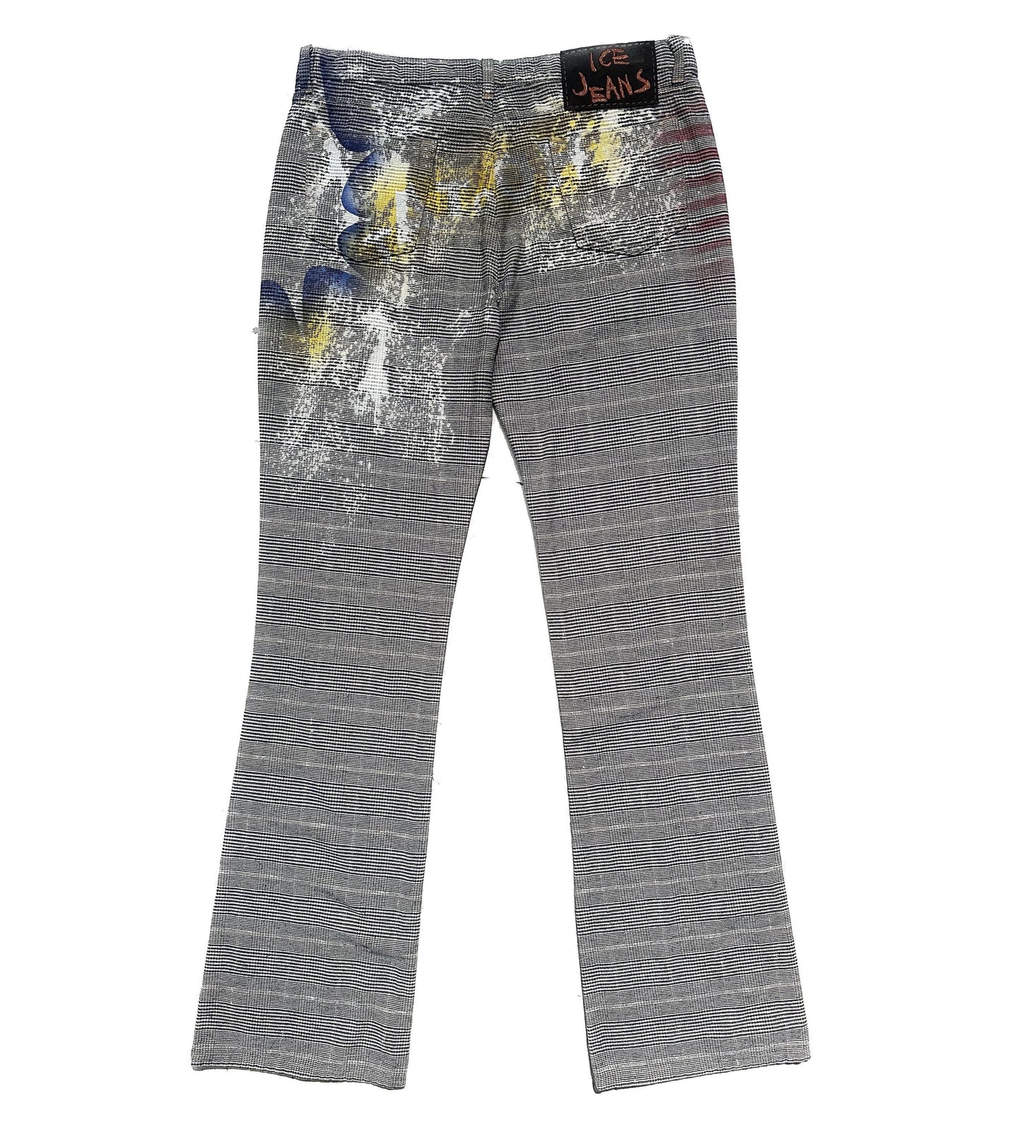Iceberg Jeans flared checkered cotton trousers w pop- US flag inspired serigraphic hand print, stunning NOS 90s sz 32