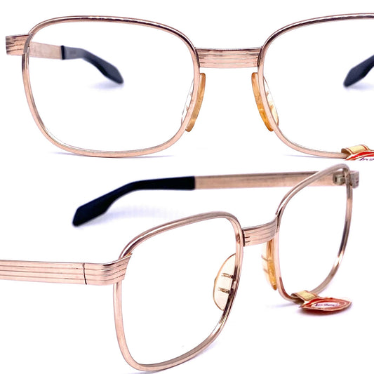 De Lotto real gold plated 20k square metal frames w/ thick bridge & temples adorned w/ carved lines, 1960s NOS Italy