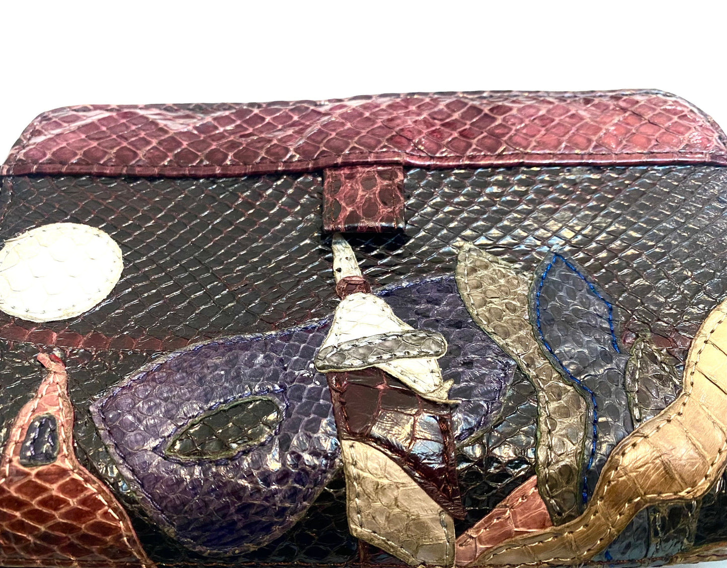 Snakeskin patchwork wallet, Venetian mask & skyline design, magnetic closure, NOS 80s Italy