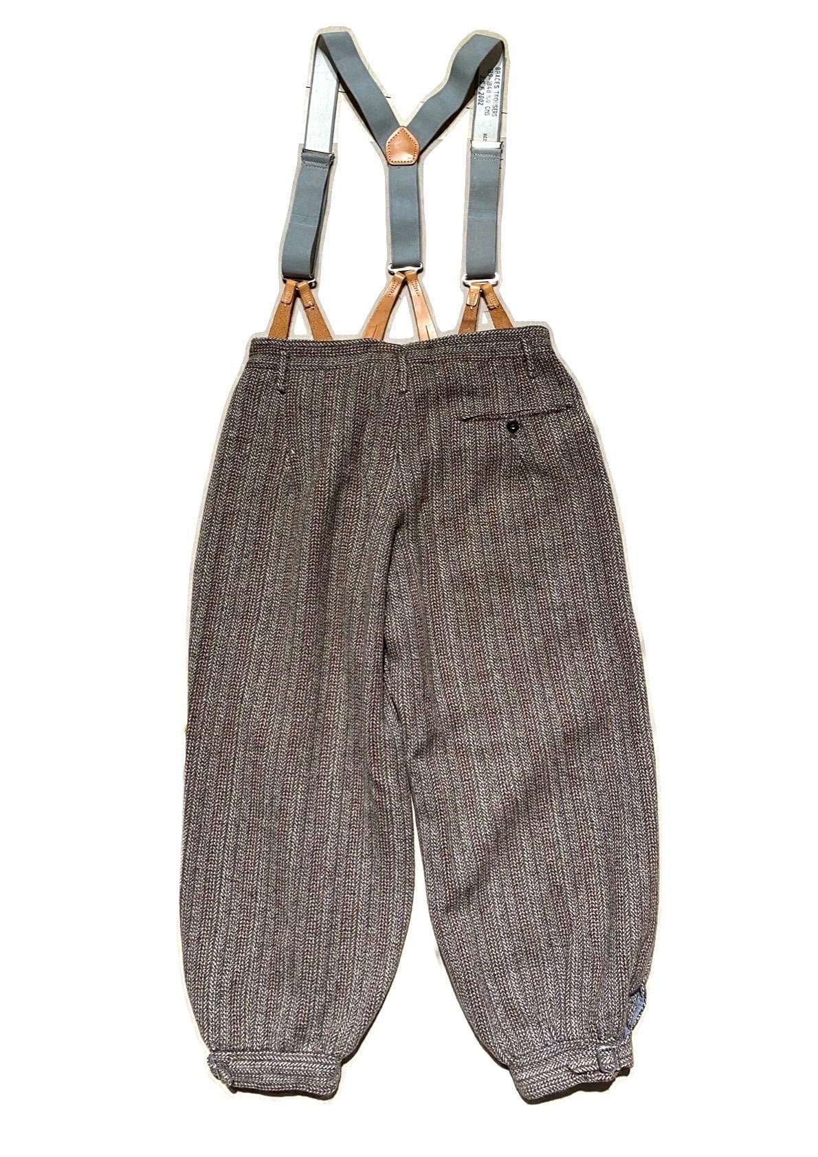 Auth. 1930s circa sartorial brown chevron thick wool trousers ready made 4 suspenders, great cond. sz S man