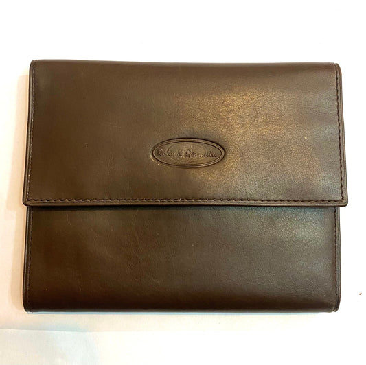 Roland Germani unisex softest dark brown leather wallet w press printed branding, NOS 90s