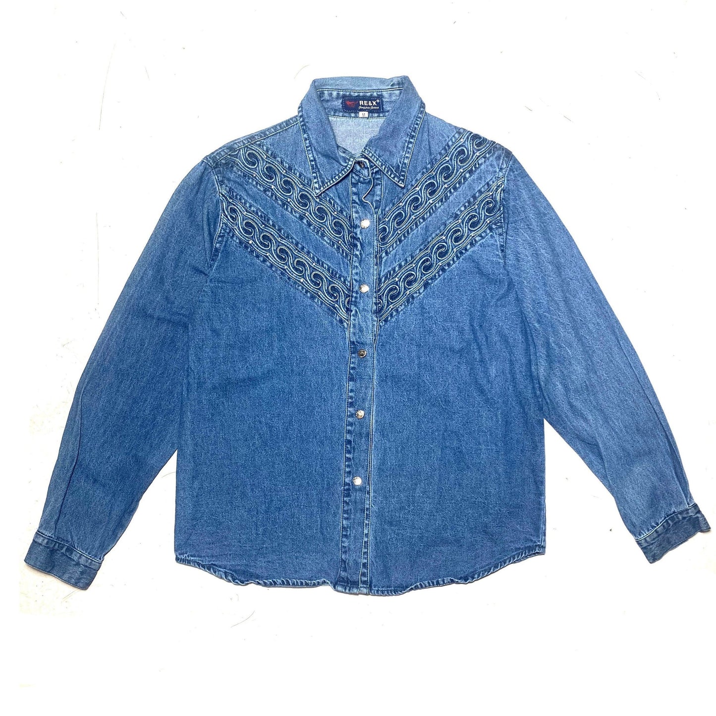 Re&X western style adorned chest ladies  denim shirt, 90s mint condition sz M