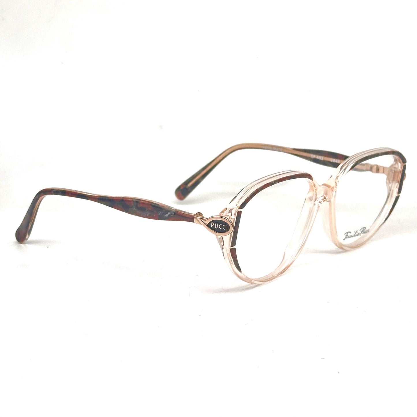 Emilio Pucci 492 clear eyewear detailed with brown and black marble parts and gold temples 80s NoS Made in Florence