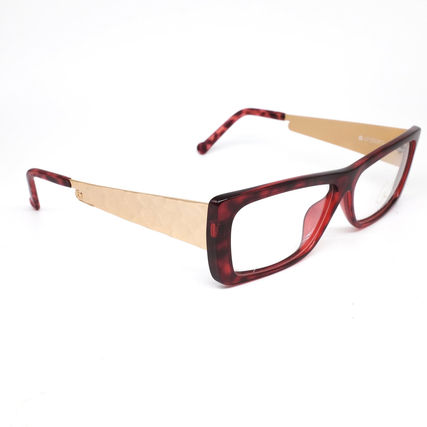 Christian Lacroix 7343 square red tortoise frames w thick hammered golden metal temples, NOS 80s France