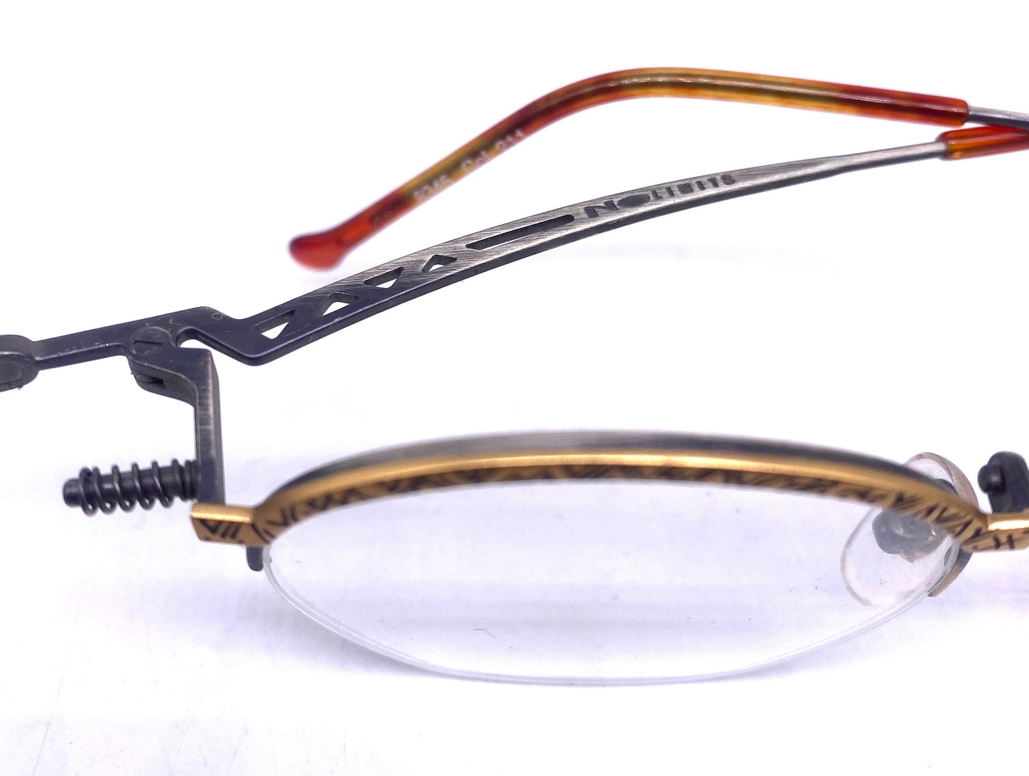 No Limits 8345 oval steampunk half rim eyeglasses w- abstract printed rims and active spring hinges, NOS 80s