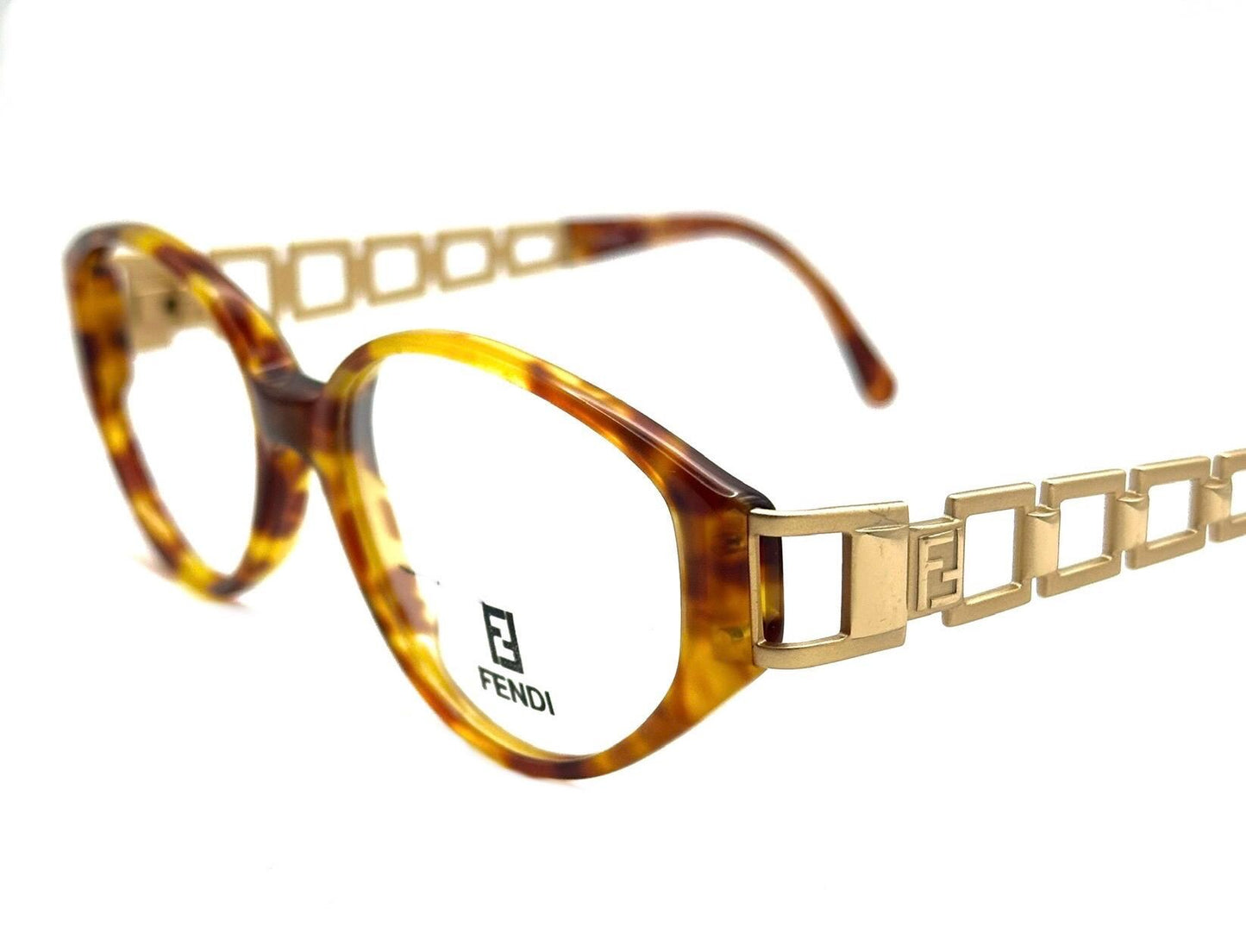 Fendi 7536 iconic cutoff chain temples tortoise cateye frames hand made in Italy, 90s NoS