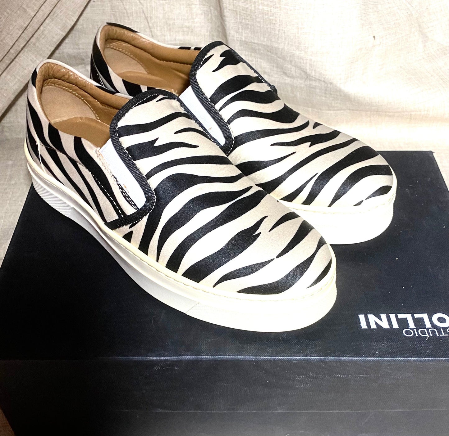 Pollini Studio satin zebra animalier slip on sneakers leather sole, brand new
