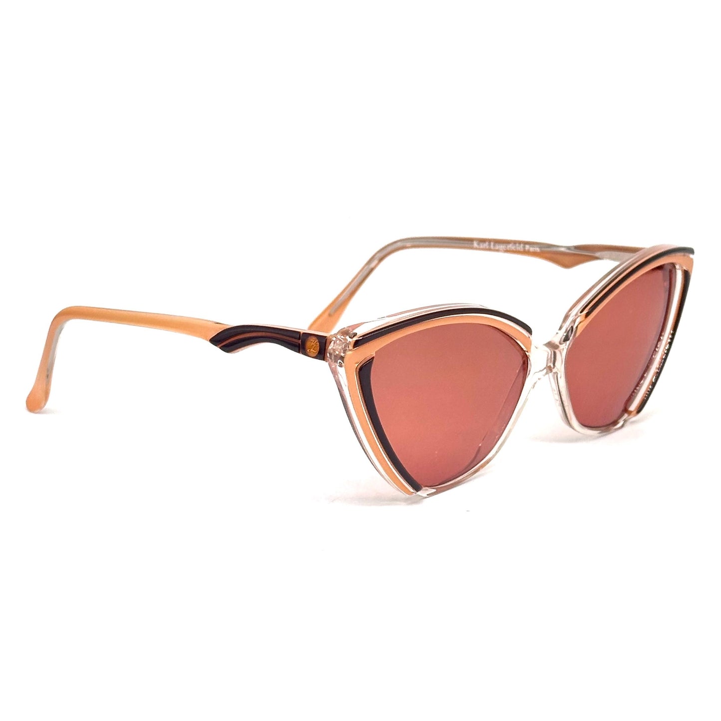 Karl Lagerfeld 103 54 2836 clear cateye sunglasses with salmon orange and brown stripes, orange lenses, 1980, NOS
