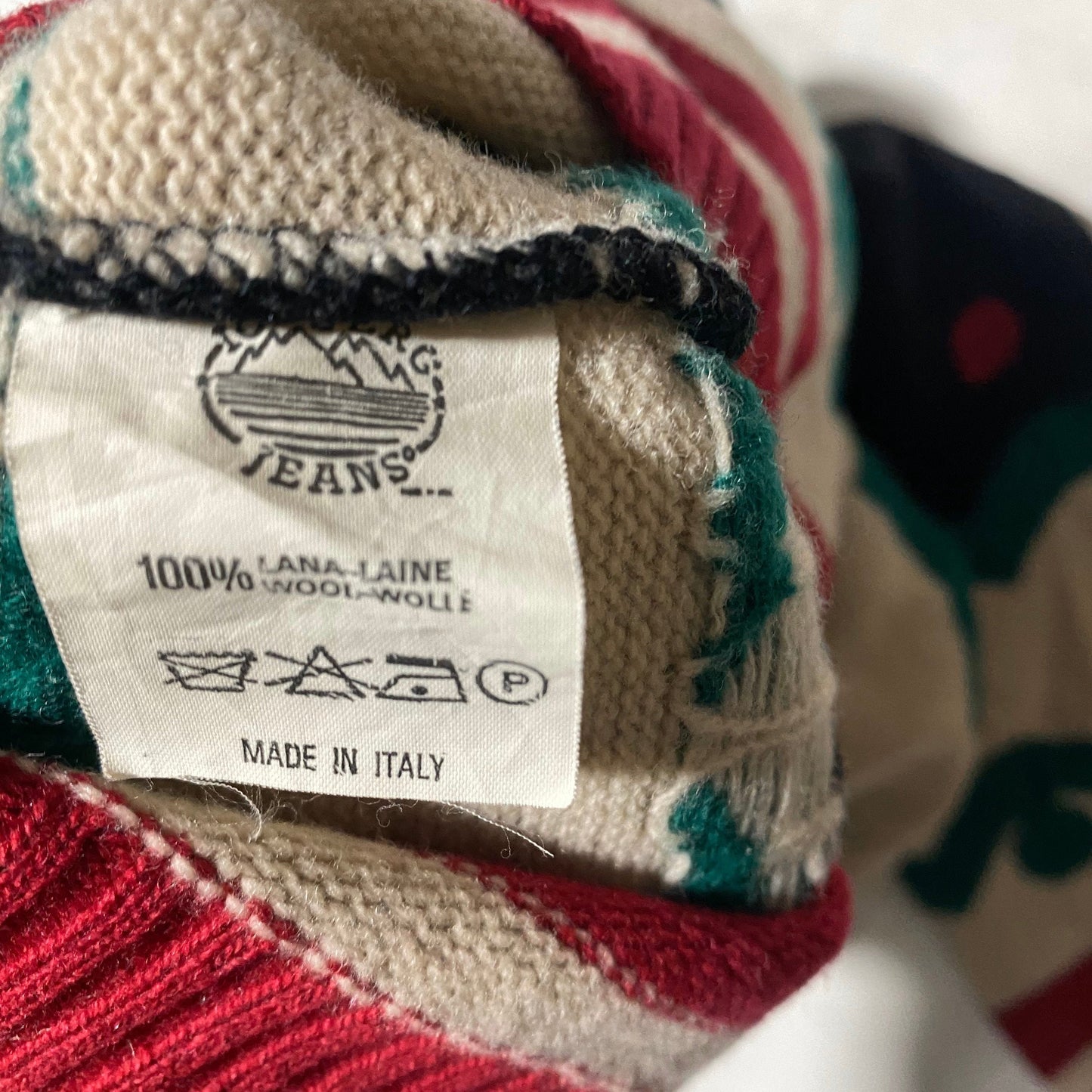 Iceberg cool Christmas colors wool sweater, black with green / red / ecru print, 90s mint condition