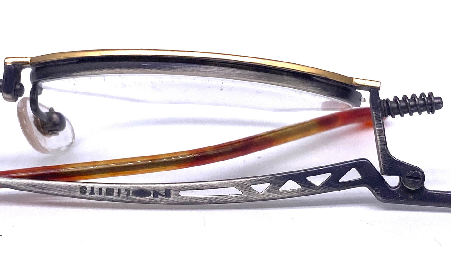 No Limits 8345 oval steampunk half rim eyeglasses w- abstract printed rims and active spring hinges, NOS 80s