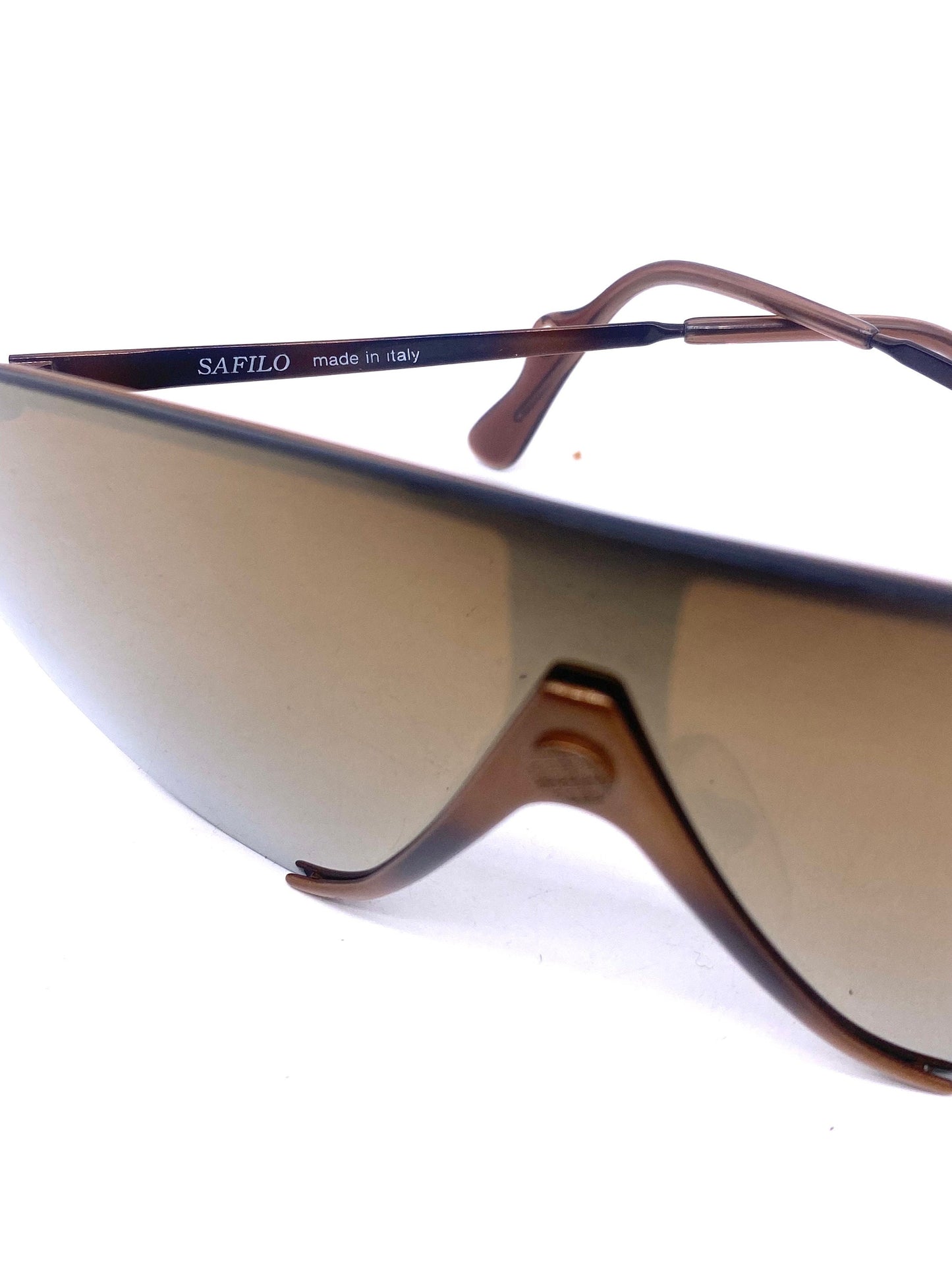 Safilo Design 027/P wrap aviator sunglasses, brown metallized mask-shield design with gold mirrored lens, NOS 80s