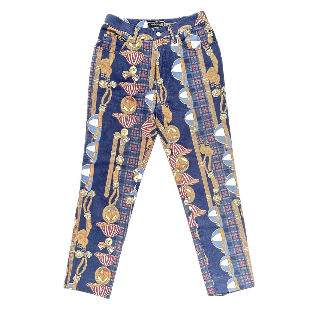 Roccobarocco vintage blue jeans with baroque print allover and horse riding themed designing size 31 90s