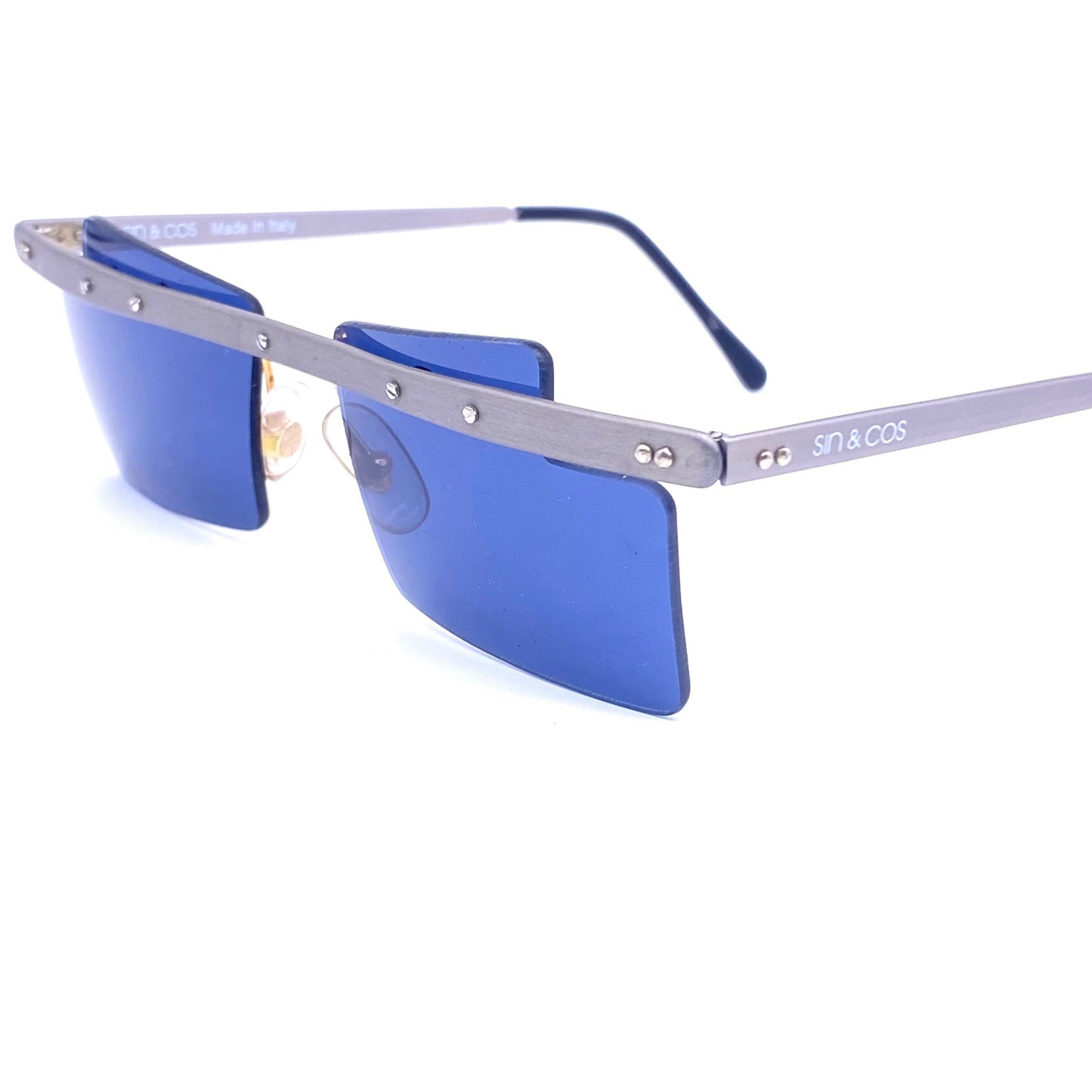Sin&Cos square anodized metal avant-garde sunglasses, blue, silver or red, NOS 90s Italy
